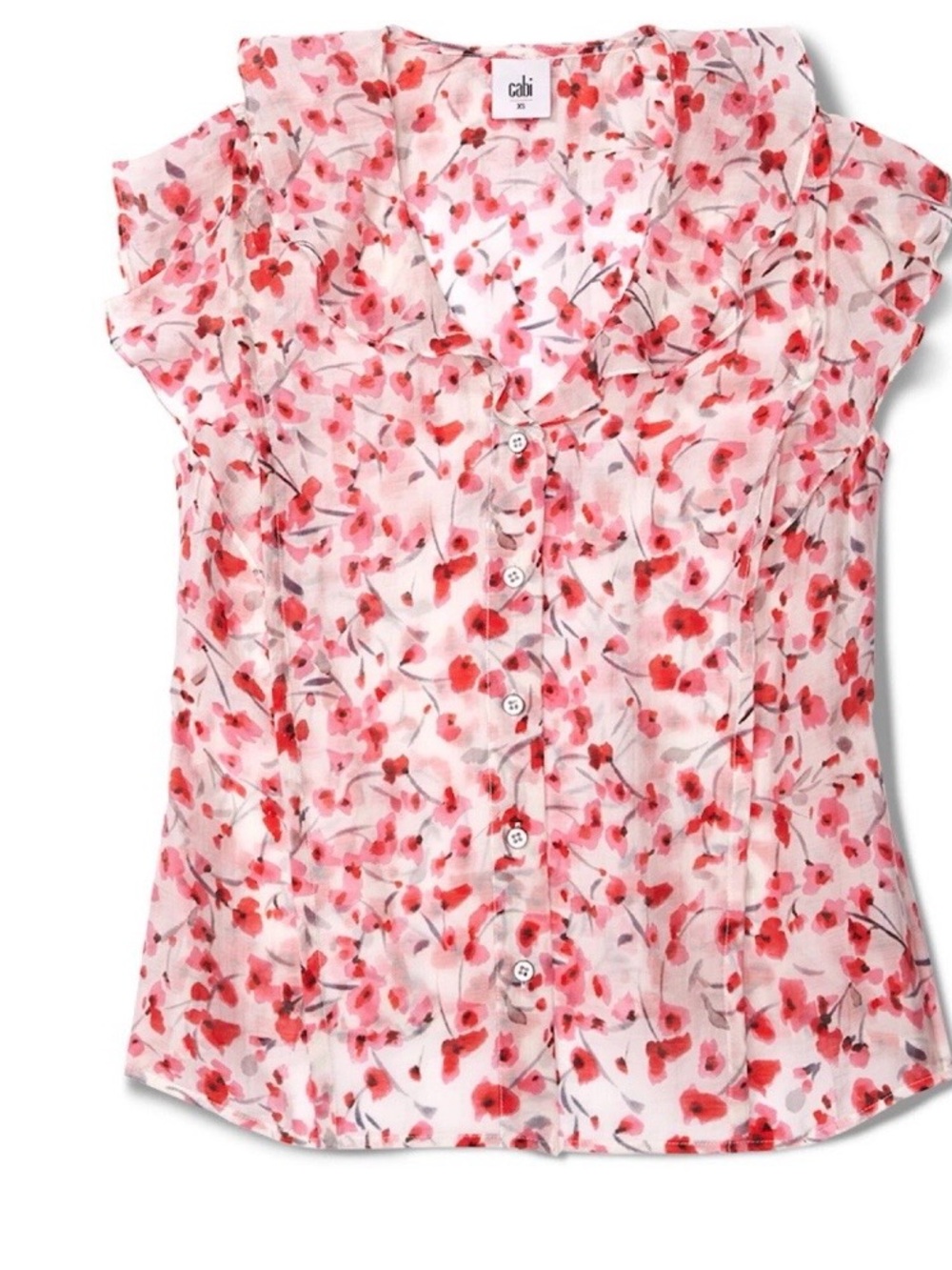 Cabi Pink Floral Button-Front Ruffle Sleeve Blouse